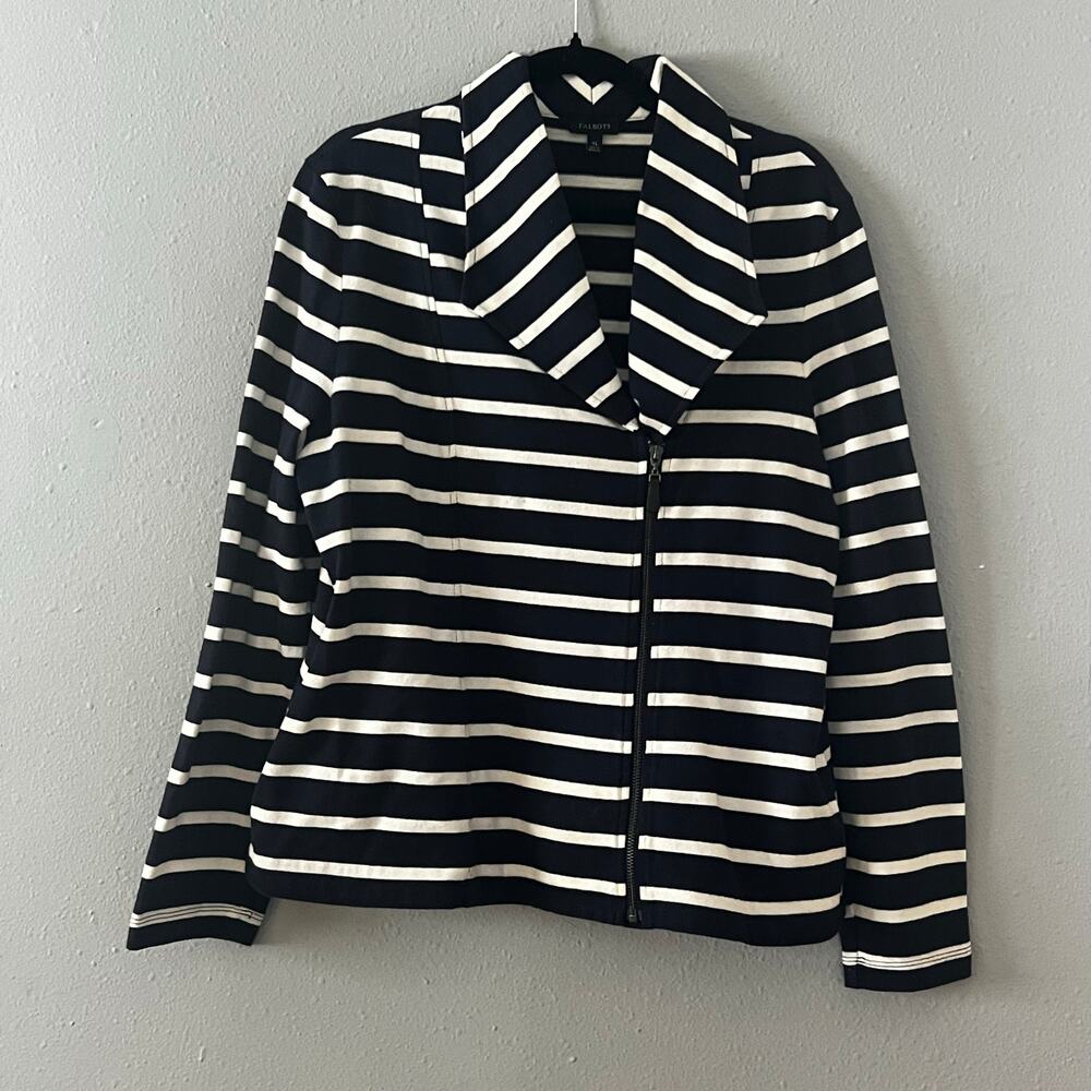 Talbots Navy White Striped Zip Front Jacket Women's XL Coastal Business Casual